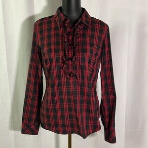 Talbots Red and Black Plaid Ruffle Button-Down Shirt
